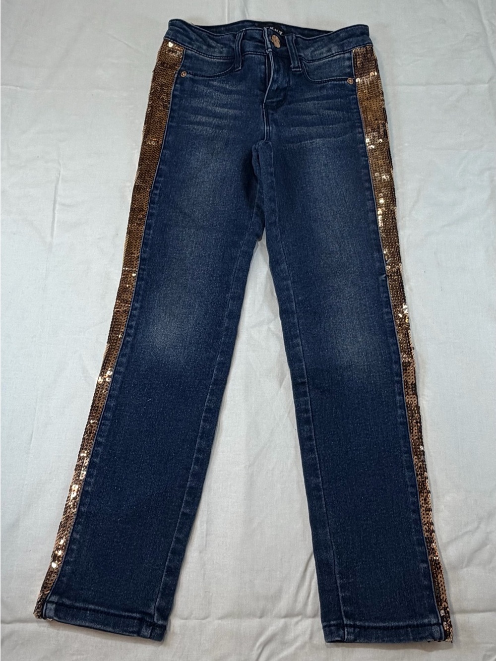 DKNY Dark Blue Straight Leg Jeans with Gold Sequin Side Stripe